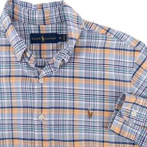 Polo Ralph Lauren Men's Med. Long Sleeve Oxford Button Up Shirt Plaid Flesh Pony
